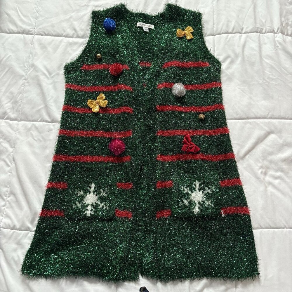 99‎ Jane Street Christmas Cardigan Womens Medium Green Open Front Holiday Vest